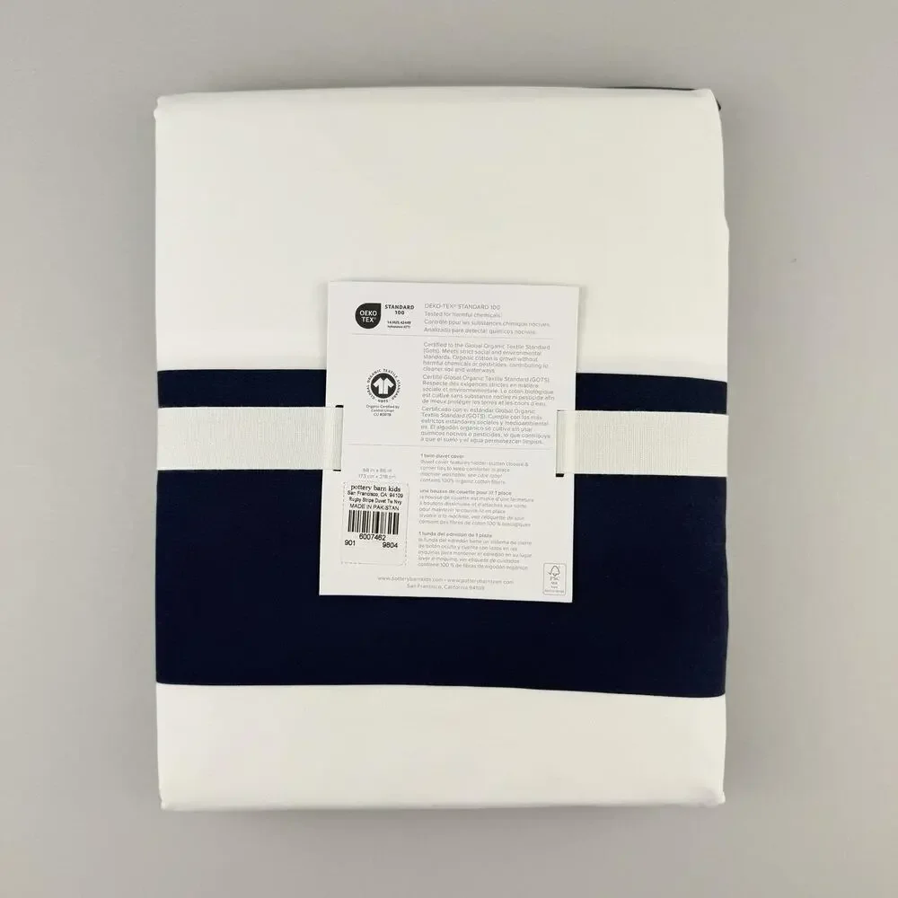 Pottery Barn Kids Rugby Stripe Organic Duvet Cover TWIN Navy Blue White NEW